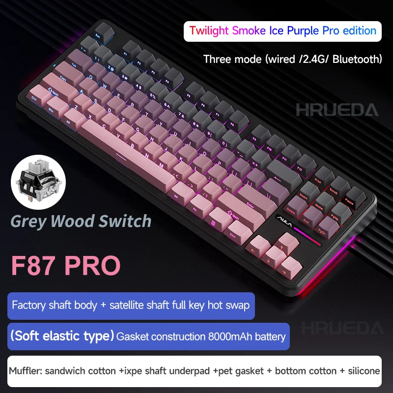 Aula F87 Pro Mechanical Keyboard Wired 2.4g Wireless Bluetooth Tri Mode 8000mAh 87Key Hotswap Rgb Pbt Customized Gaming Keyboard