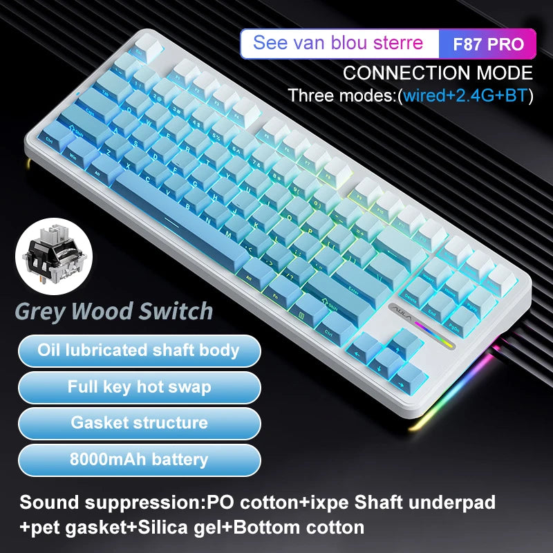 Aula F87 Pro Mechanical Keyboard Wired 2.4g Wireless Bluetooth Tri Mode 8000mAh 87Key Hotswap Rgb Pbt Customized Gaming Keyboard
