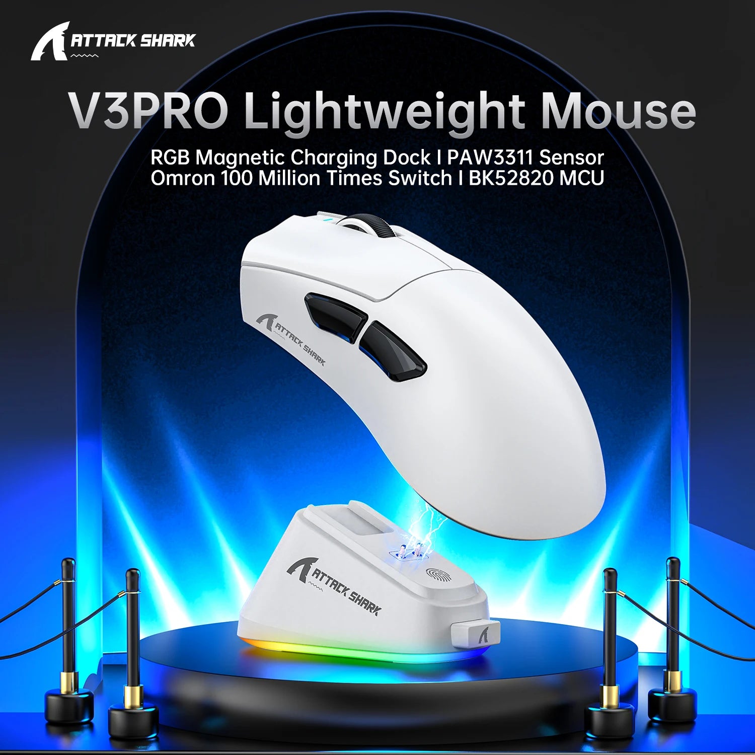 ATTACK SHARK V3PRO Ultra-Light Gaming Mouse with Charging Dock,2.4G Wireless/Bluetooth/Wired,1000hz Polling Rate, 25000 DPI