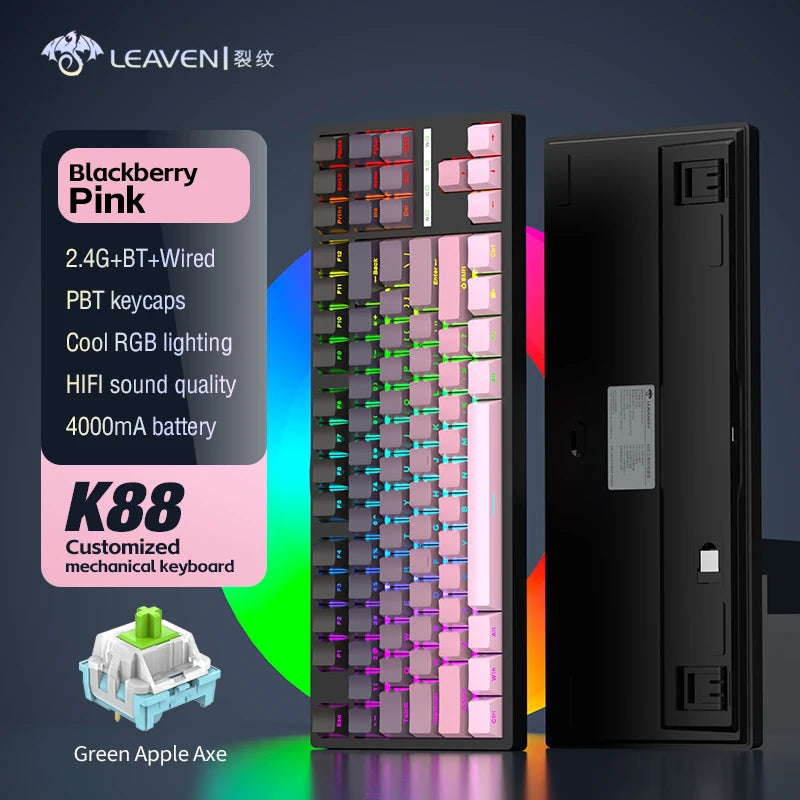 LEAVEN  k88 Mechanical Keyboard Wired 2.4g Wireless Bluetooth Tri Mode 8000mAh 87Key Hotswap Rgb Pbt Customized Gaming Keyboard