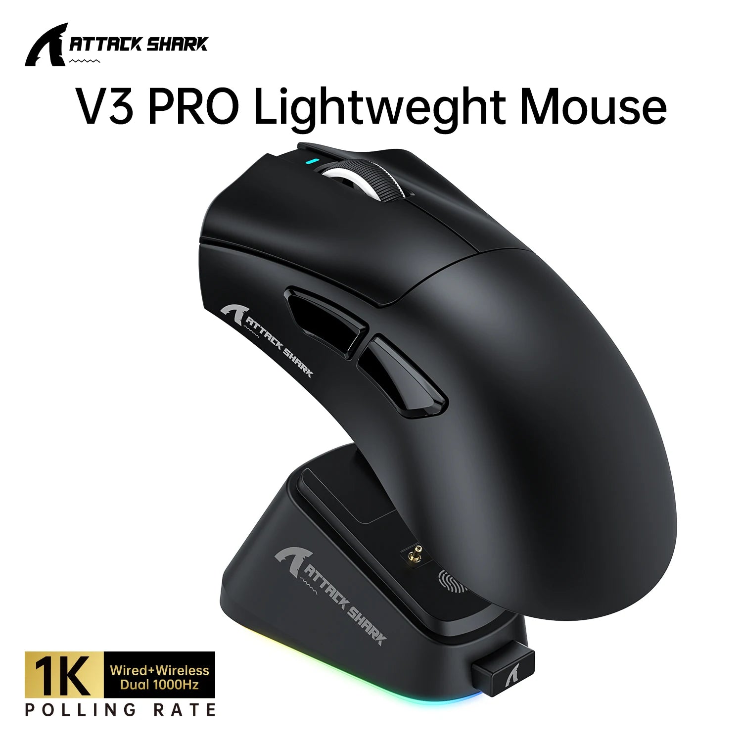 ATTACK SHARK V3PRO Ultra-Light Gaming Mouse with Charging Dock,2.4G Wireless/Bluetooth/Wired,1000hz Polling Rate, 25000 DPI