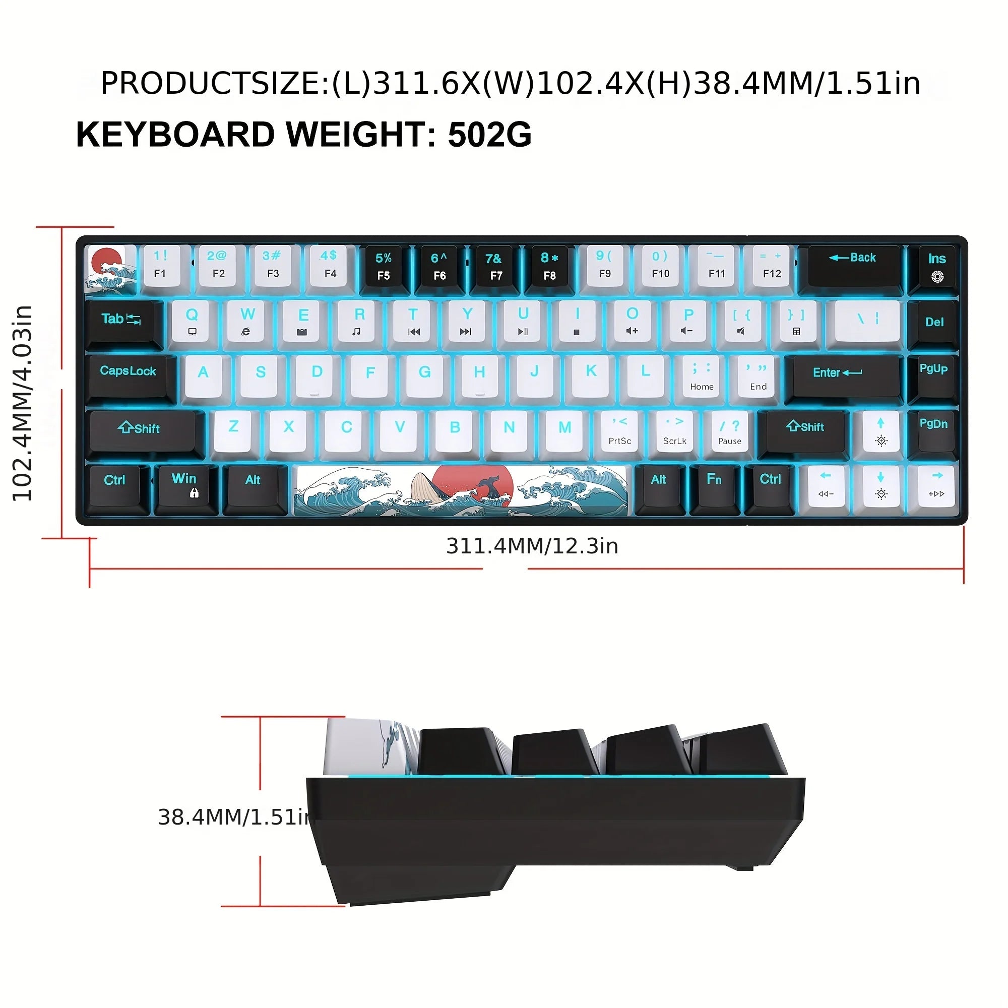 68 Keys Portable 60% Mechanical Gaming Keyboard, Sea Blue LED Backlit Compact Mini Wired Office Keyboard With Blue Switch