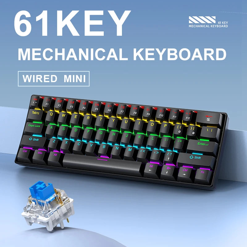 K61 Wired Mechanical Gaming Keyboard, 60% 61 Keys Mini RGB Backlit, Red/Blue Switch, Type-C Compact Keyboard for PC Laptop