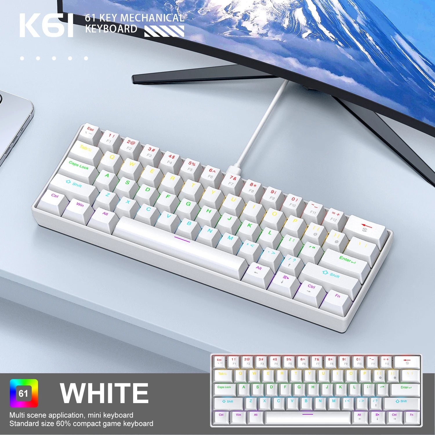 K61 Wired Mechanical Gaming Keyboard, 60% 61 Keys Mini RGB Backlit, Red/Blue Switch, Type-C Compact Keyboard for PC Laptop