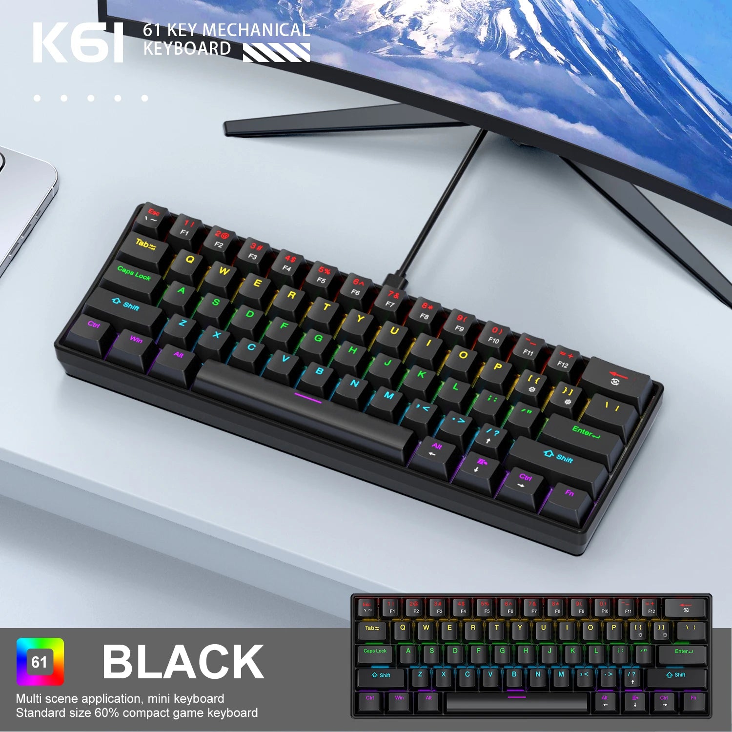K61 Wired Mechanical Gaming Keyboard, 60% 61 Keys Mini RGB Backlit, Red/Blue Switch, Type-C Compact Keyboard for PC Laptop