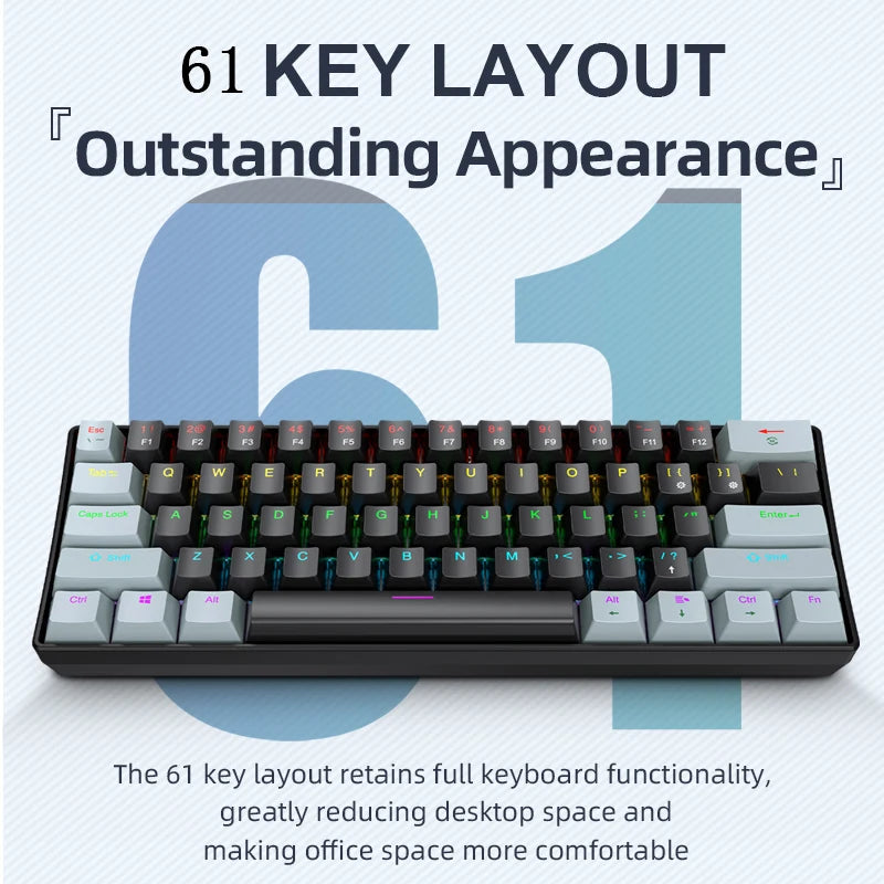 K61 Wired Mechanical Gaming Keyboard, 60% 61 Keys Mini RGB Backlit, Red/Blue Switch, Type-C Compact Keyboard for PC Laptop
