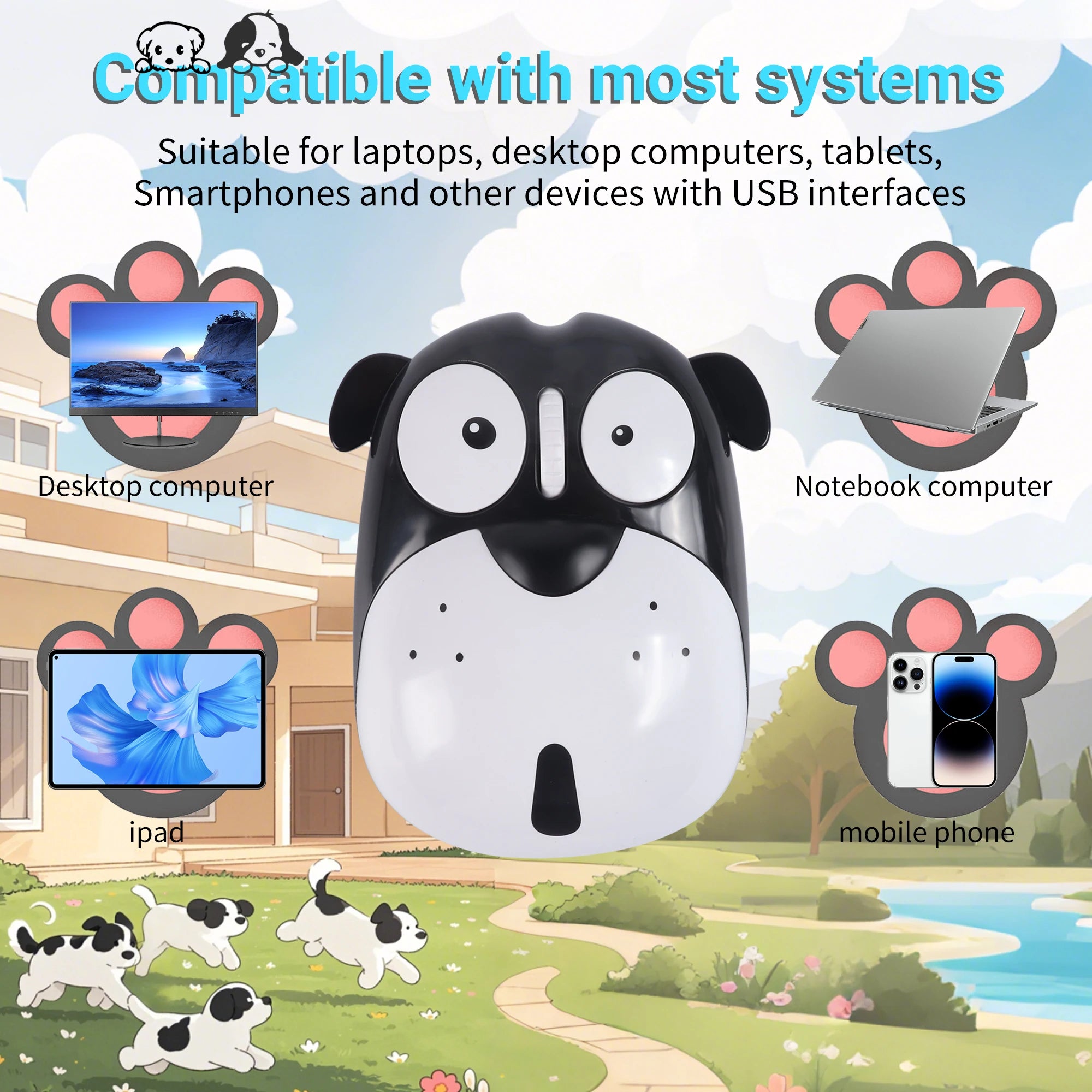 Wireless 2.4G Rechargeable Mouse Cute Dog Mute Button Both Hands For Samll Hand Office Use Gift For Girl Kid System Universal