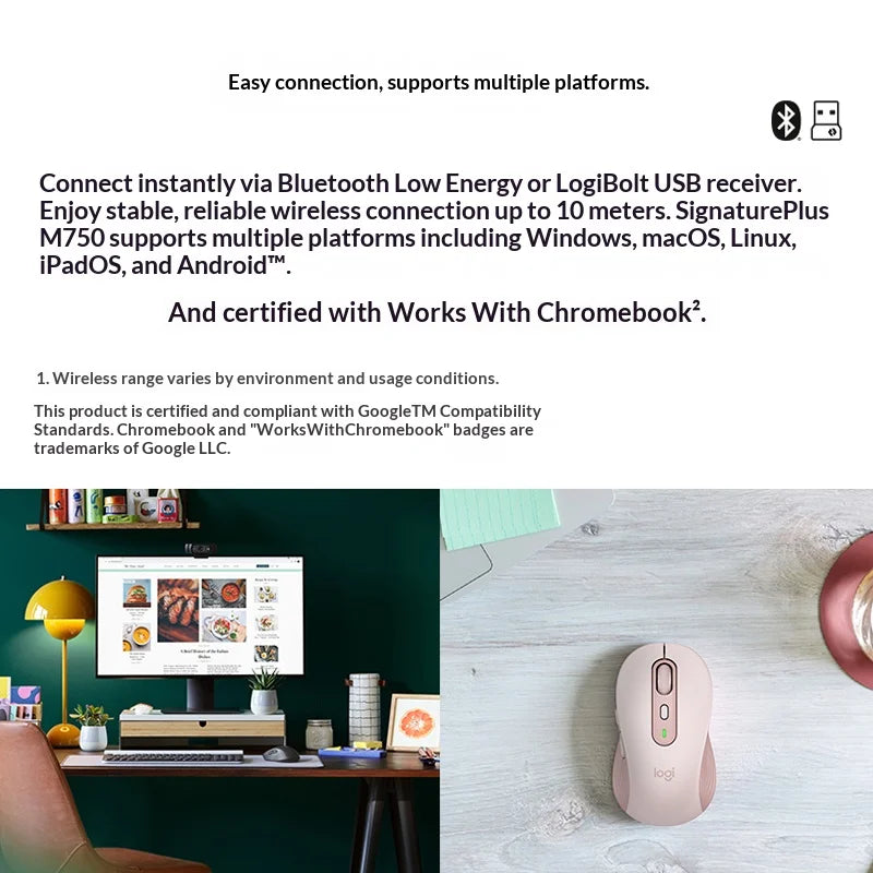 Logitech M750/M650L wireless dual-mode silent mouse, available in multiple colors with ergonomic design, providing an excellent