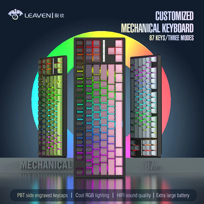 LEAVEN  k88 Mechanical Keyboard Wired 2.4g Wireless Bluetooth Tri Mode 8000mAh 87Key Hotswap Rgb Pbt Customized Gaming Keyboard