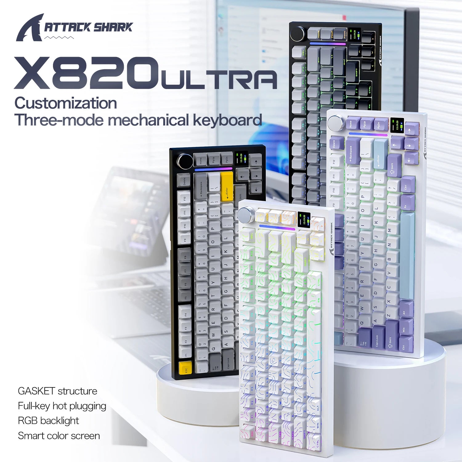75% Gasket Mount Mechanical Keyboard ATTACK SHARK X820 Ultra Tri-mode Bluetooth 2.4G Wireless Wired Gaming Keyboard