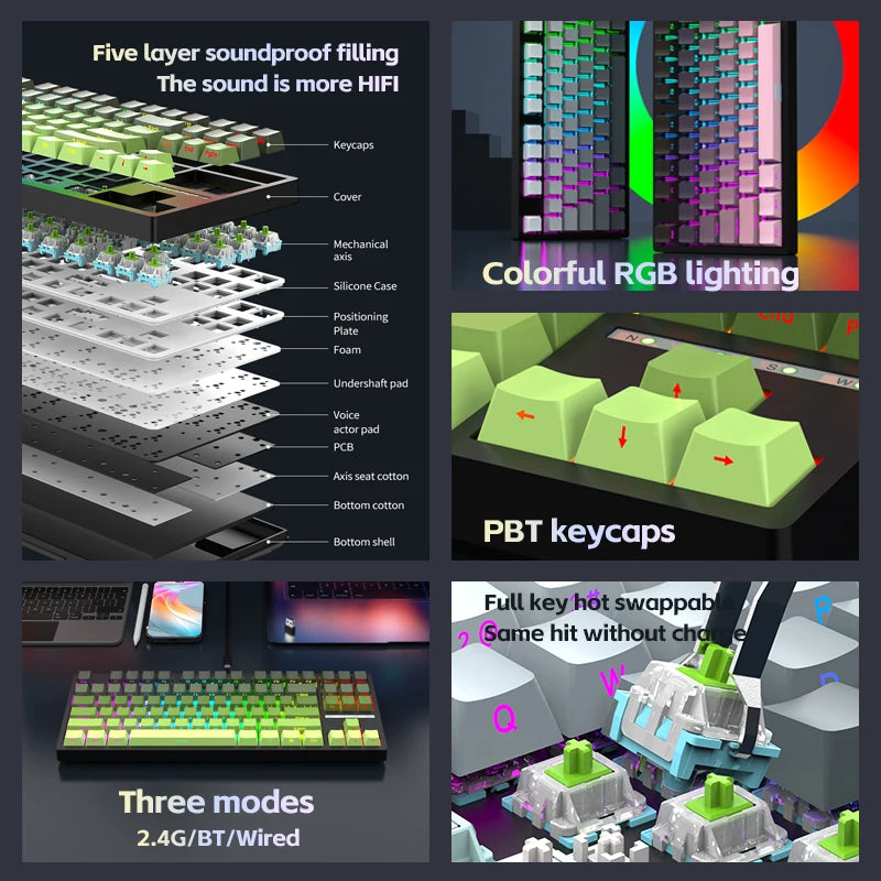 LEAVEN  k88 Mechanical Keyboard Wired 2.4g Wireless Bluetooth Tri Mode 8000mAh 87Key Hotswap Rgb Pbt Customized Gaming Keyboard