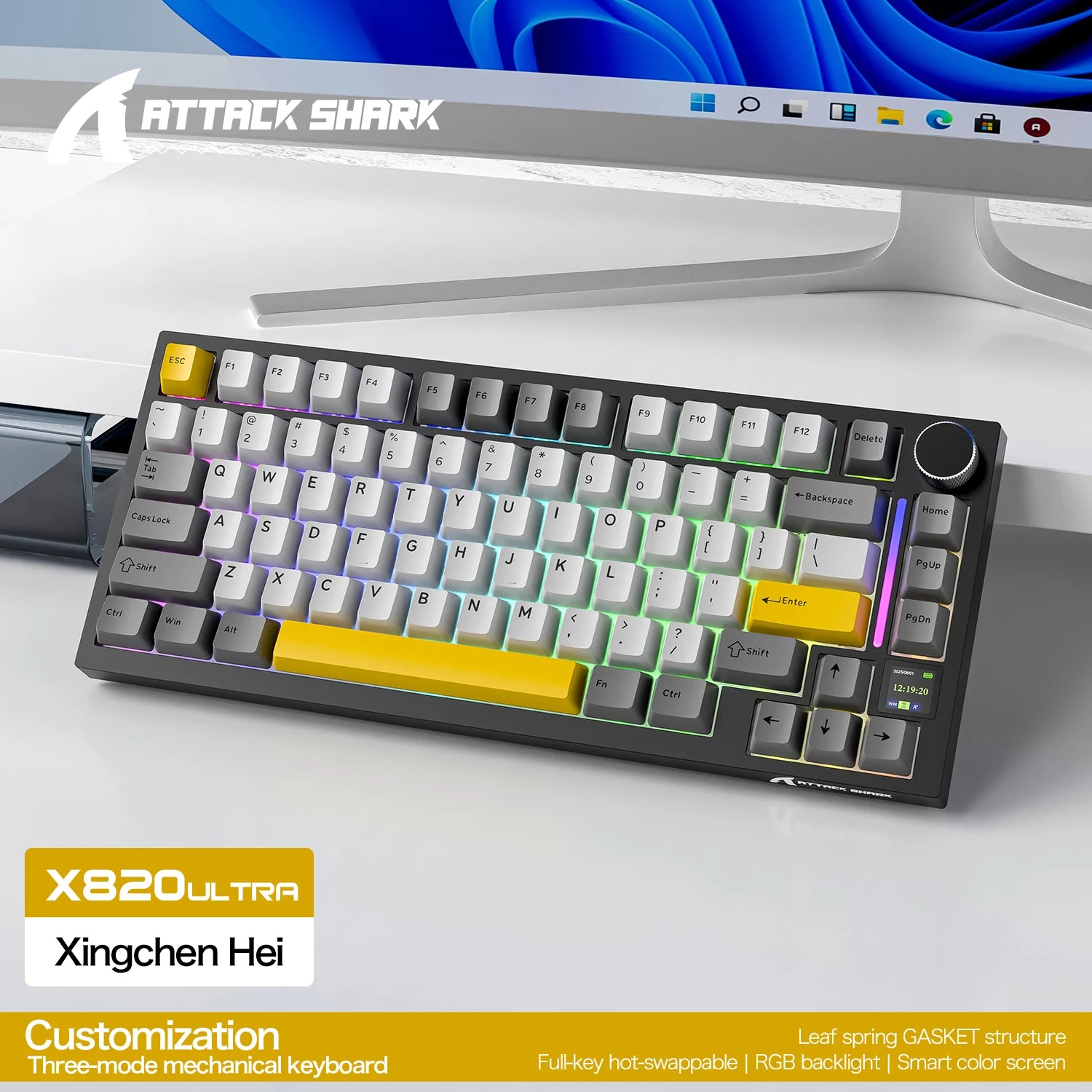 75% Gasket Mount Mechanical Keyboard ATTACK SHARK X820 Ultra Tri-mode Bluetooth 2.4G Wireless Wired Gaming Keyboard