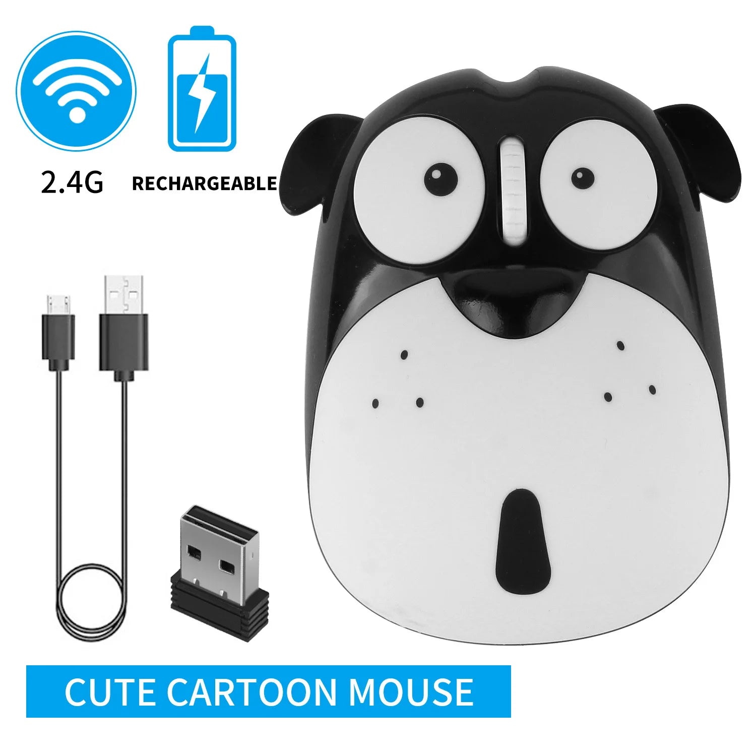 Wireless 2.4G Rechargeable Mouse Cute Dog Mute Button Both Hands For Samll Hand Office Use Gift For Girl Kid System Universal