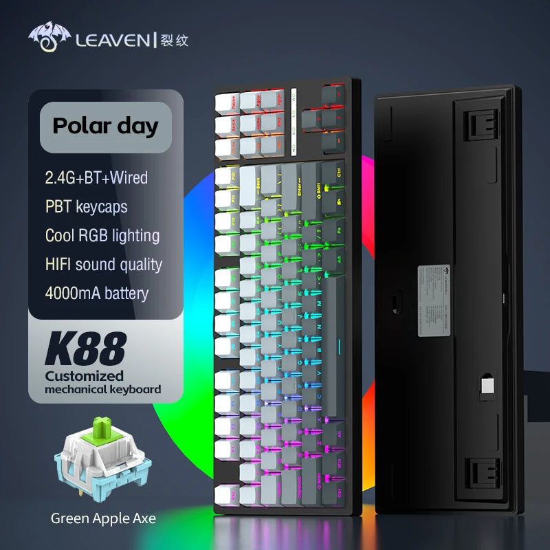LEAVEN  k88 Mechanical Keyboard Wired 2.4g Wireless Bluetooth Tri Mode 8000mAh 87Key Hotswap Rgb Pbt Customized Gaming Keyboard