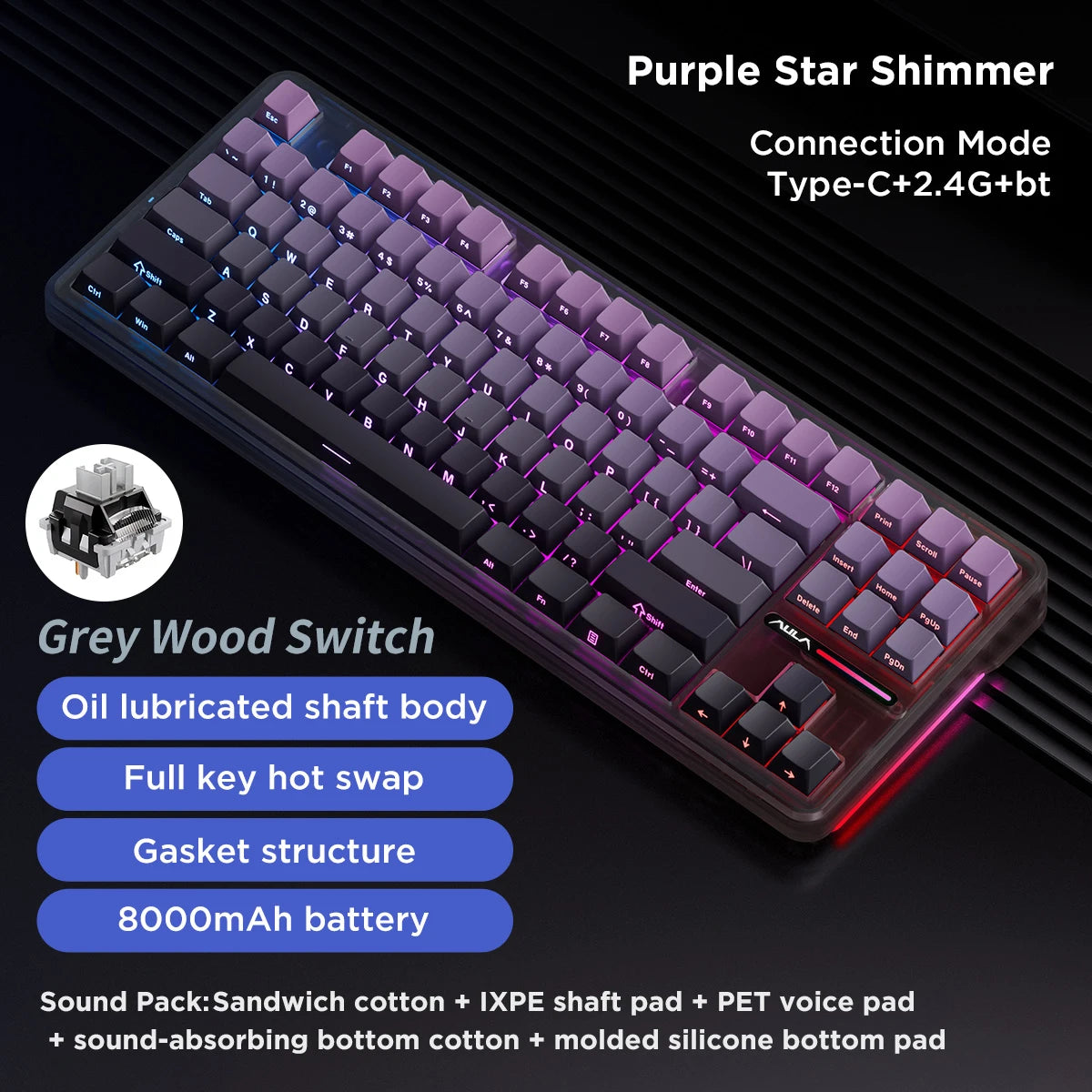 Aula F87 Pro Mechanical Keyboard Wired 2.4g Wireless Bluetooth Tri Mode 8000mAh 87Key Hotswap Rgb Pbt Customized Gaming Keyboard
