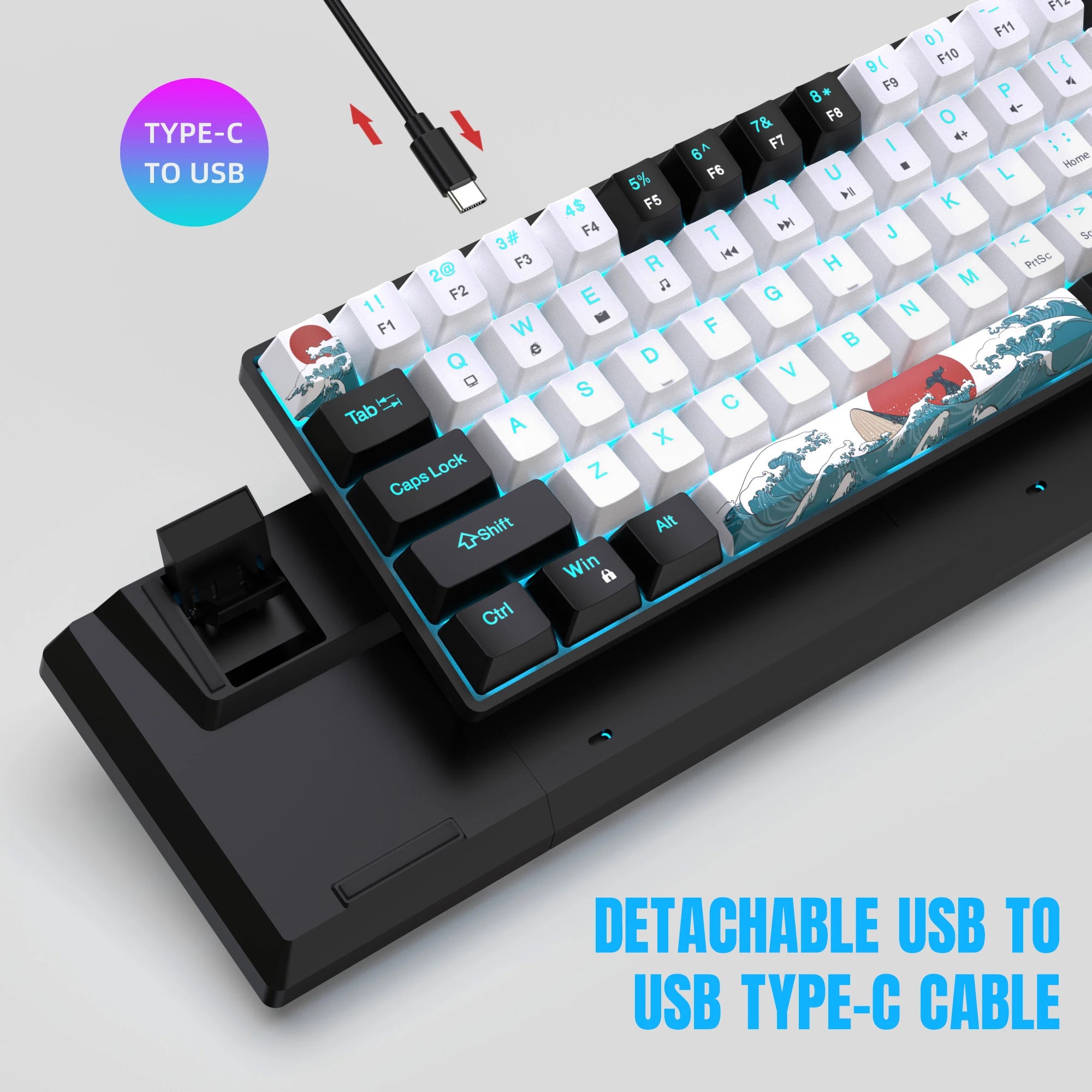 68 Keys Portable 60% Mechanical Gaming Keyboard, Sea Blue LED Backlit Compact Mini Wired Office Keyboard With Blue Switch