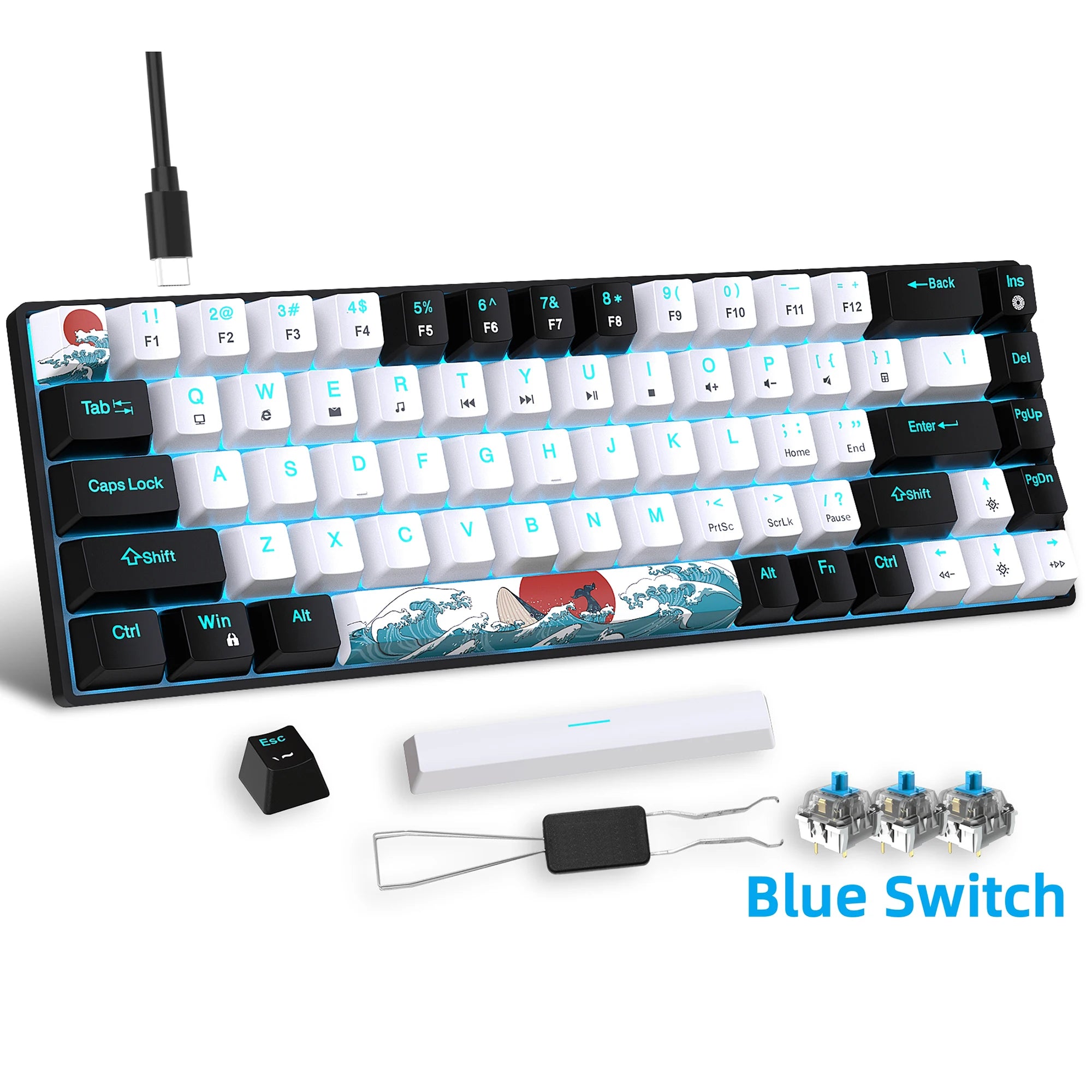 68 Keys Portable 60% Mechanical Gaming Keyboard, Sea Blue LED Backlit Compact Mini Wired Office Keyboard With Blue Switch