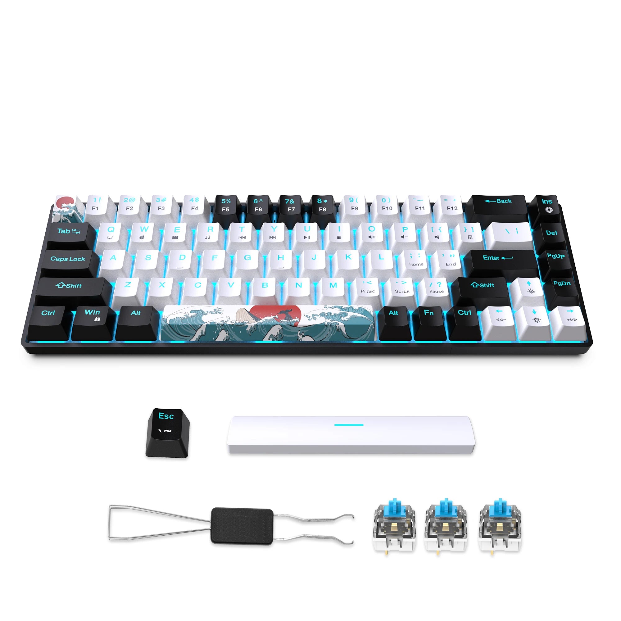 68 Keys Portable 60% Mechanical Gaming Keyboard, Sea Blue LED Backlit Compact Mini Wired Office Keyboard With Blue Switch