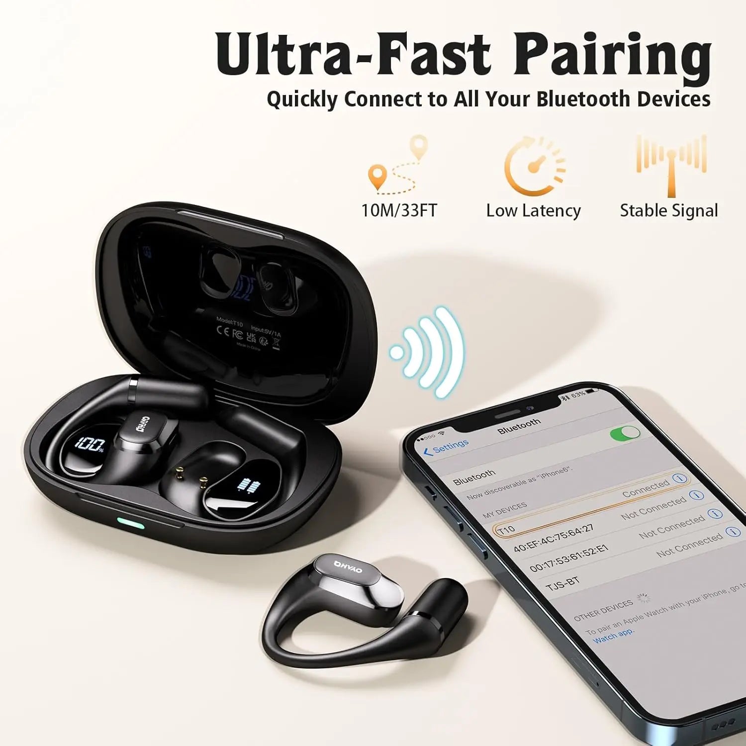 Ohayo T10 Open Ear Earbuds Bluetooth 5.4 Headphones Wireless 40Hrs Playtime TWS Wireless Earbuds with Digital Display for Sports