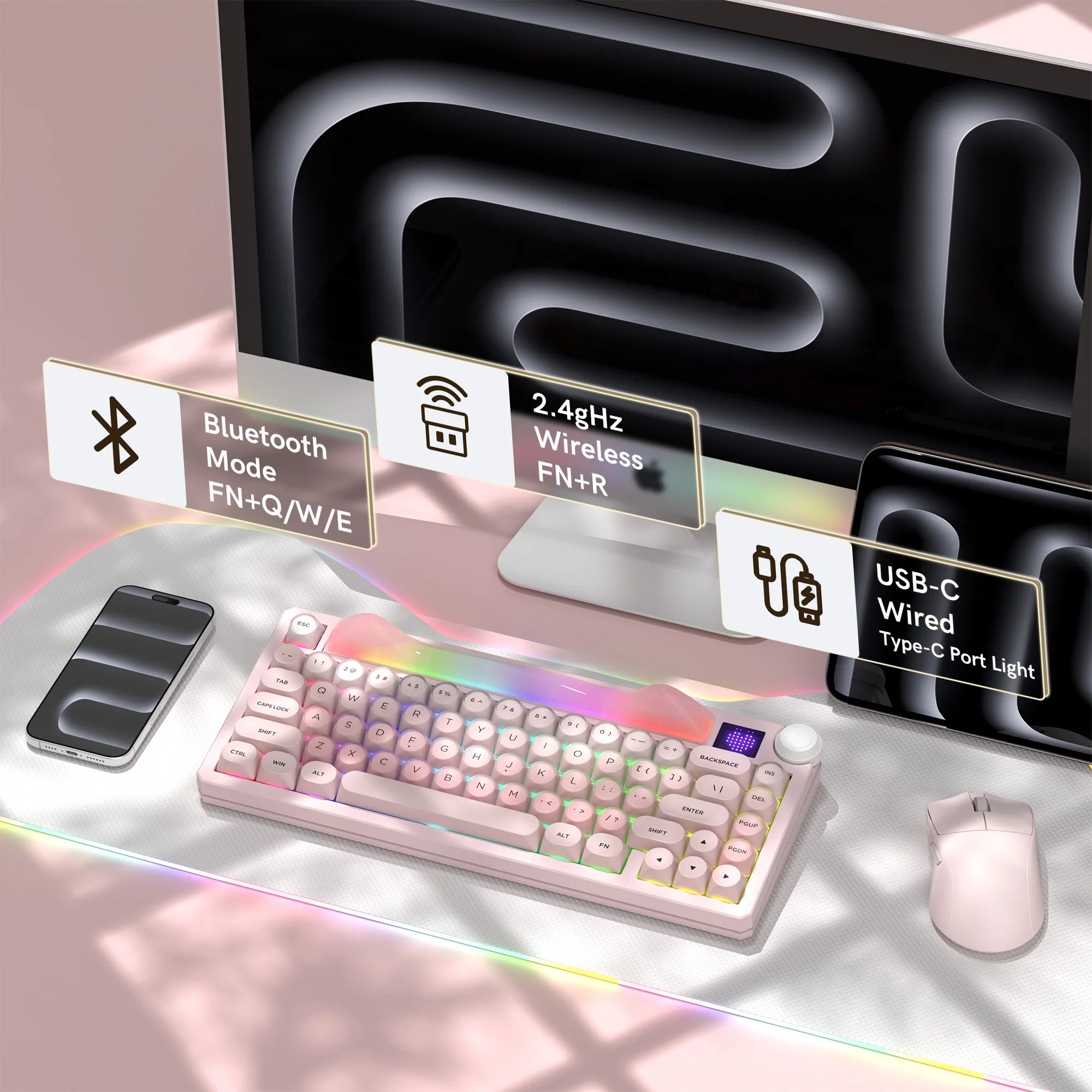 Womier K80 Pink 75% Wireless Mechanical Keyboard with Screen&Knob RGB Hot-Swappable Gasket VIA/QMK 8000mAh Keyboard for Mac/PC