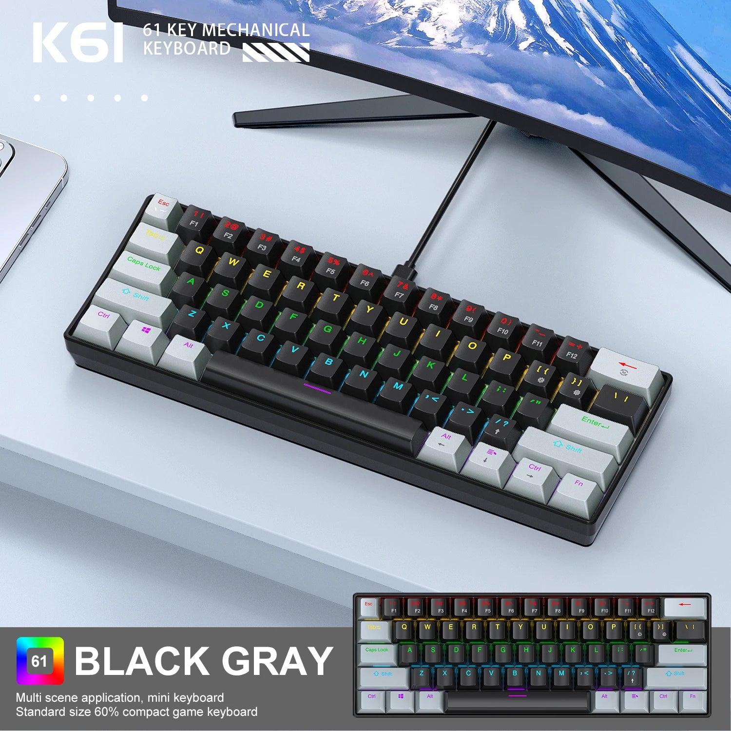 K61 Wired Mechanical Gaming Keyboard, 60% 61 Keys Mini RGB Backlit, Red/Blue Switch, Type-C Compact Keyboard for PC Laptop