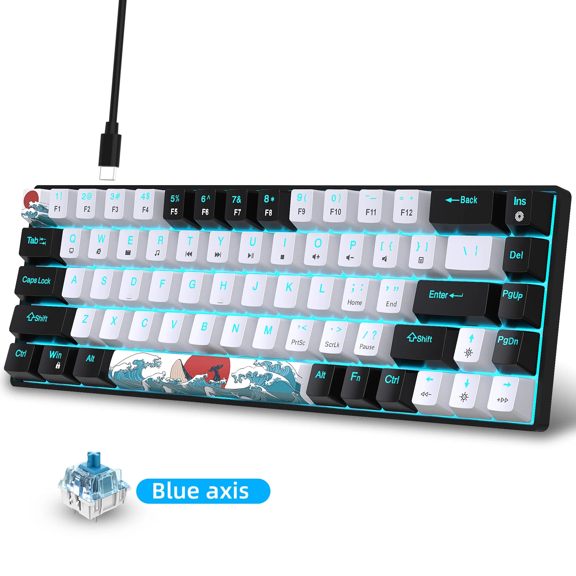 68 Keys Portable 60% Mechanical Gaming Keyboard, Sea Blue LED Backlit Compact Mini Wired Office Keyboard With Blue Switch