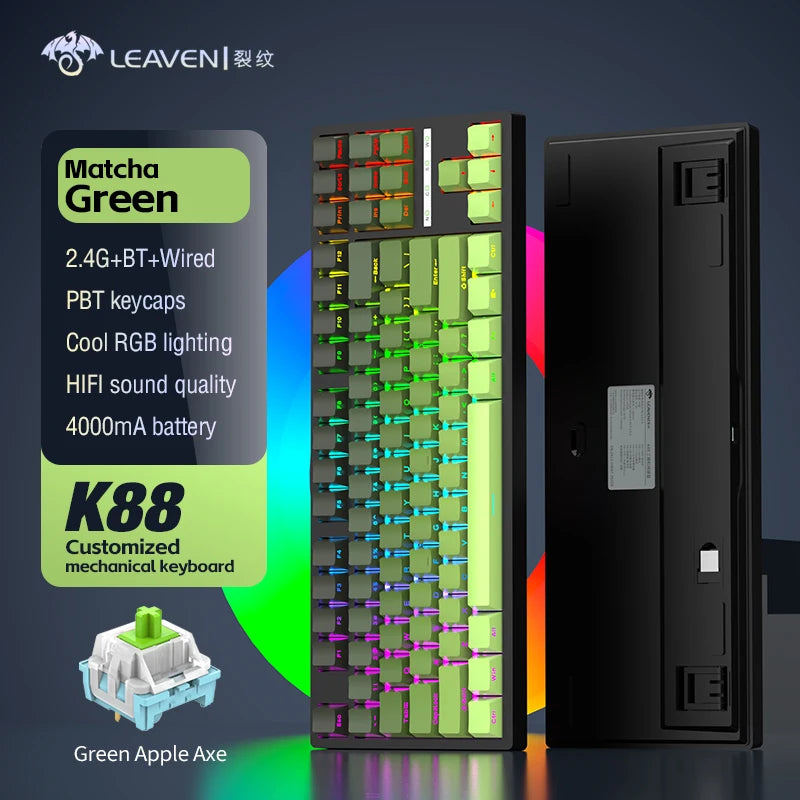 LEAVEN  k88 Mechanical Keyboard Wired 2.4g Wireless Bluetooth Tri Mode 8000mAh 87Key Hotswap Rgb Pbt Customized Gaming Keyboard