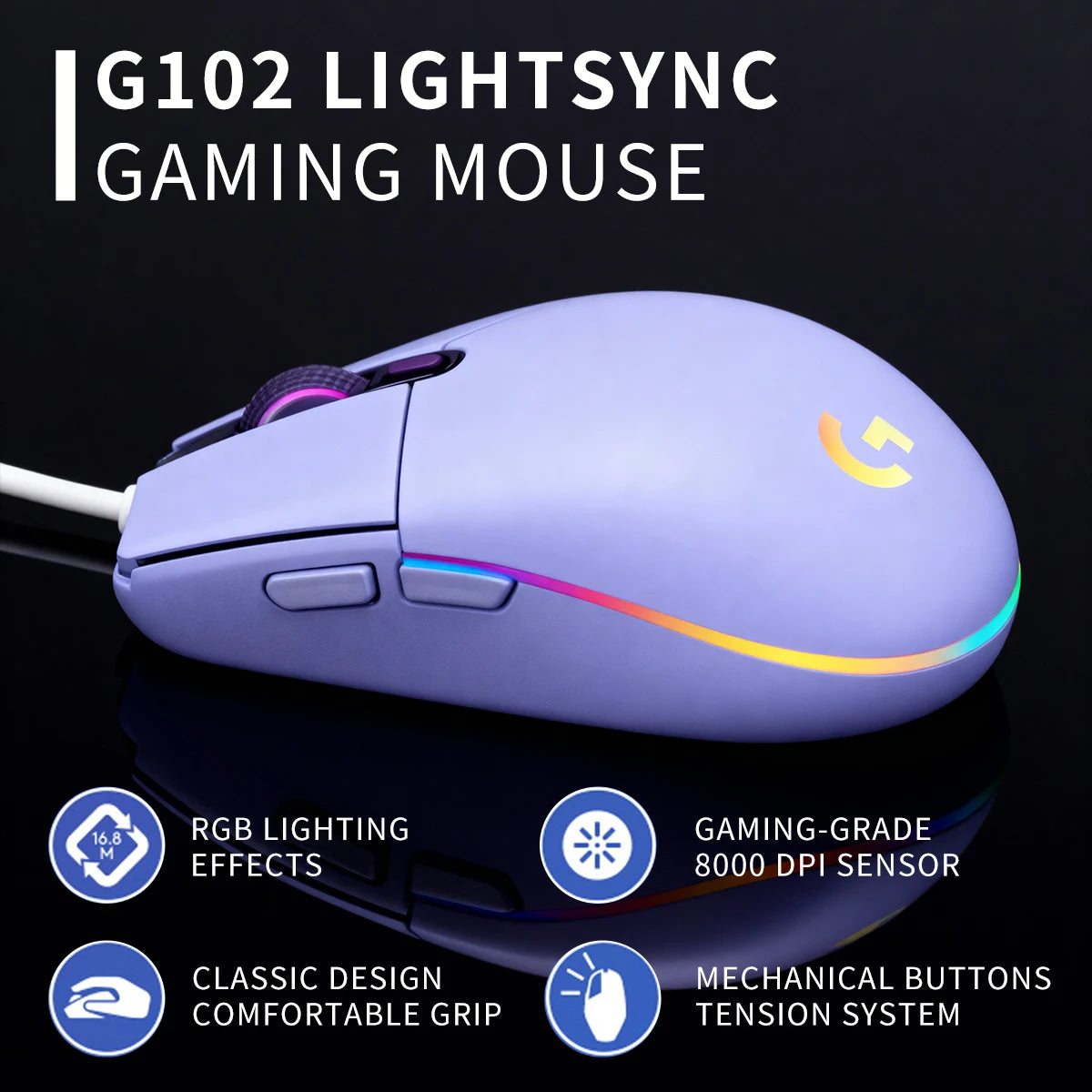 Logitech G102/G203 USB Wired Gaming Mouse, offering a revolutionary gaming experience with precise tracking of every move