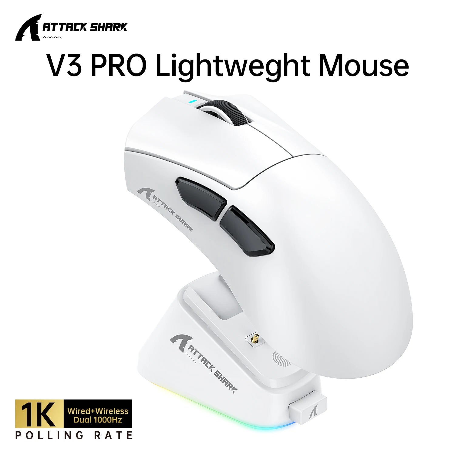 ATTACK SHARK V3PRO Ultra-Light Gaming Mouse with Charging Dock,2.4G Wireless/Bluetooth/Wired,1000hz Polling Rate, 25000 DPI