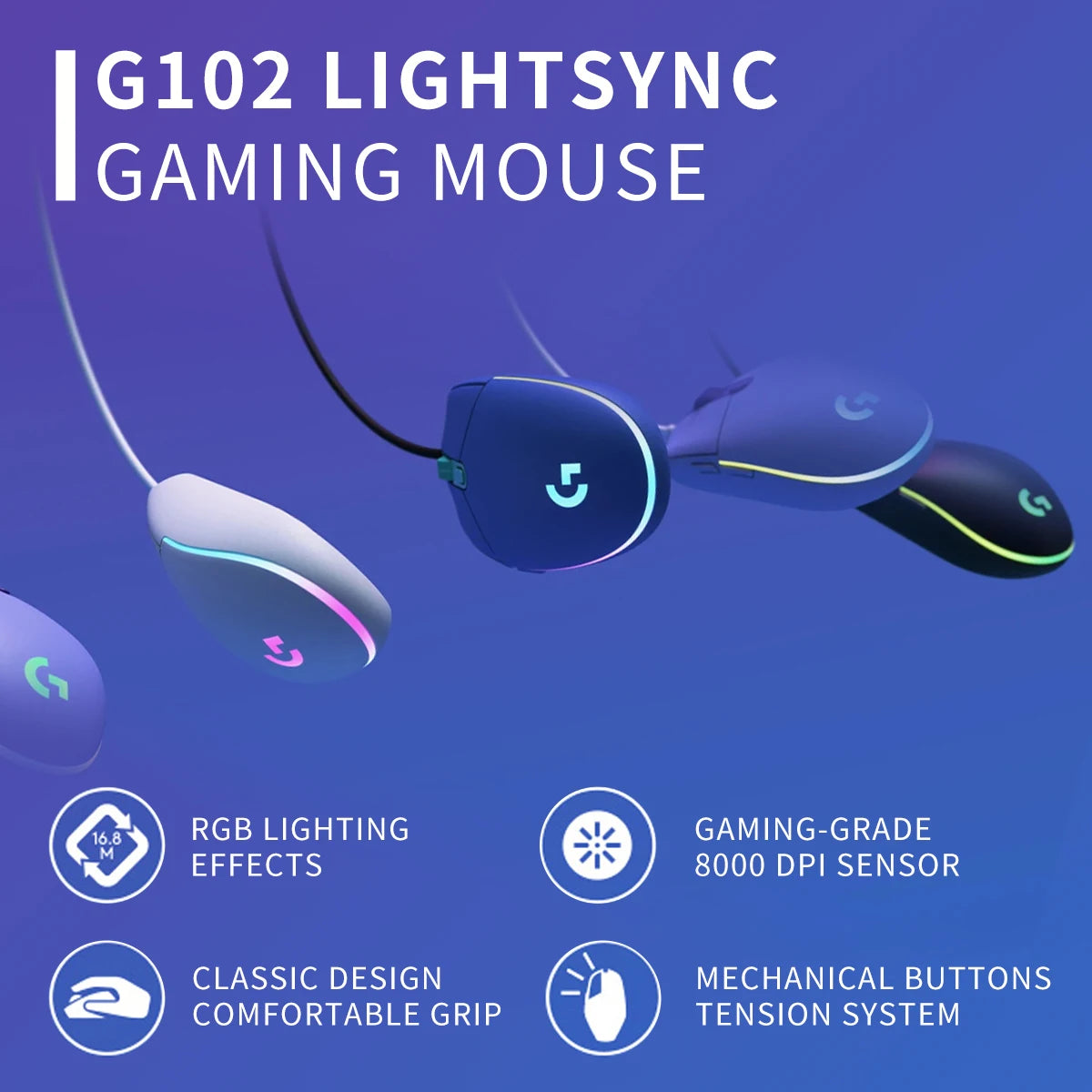 Logitech G102/G203 USB Wired Gaming Mouse, offering a revolutionary gaming experience with precise tracking of every move