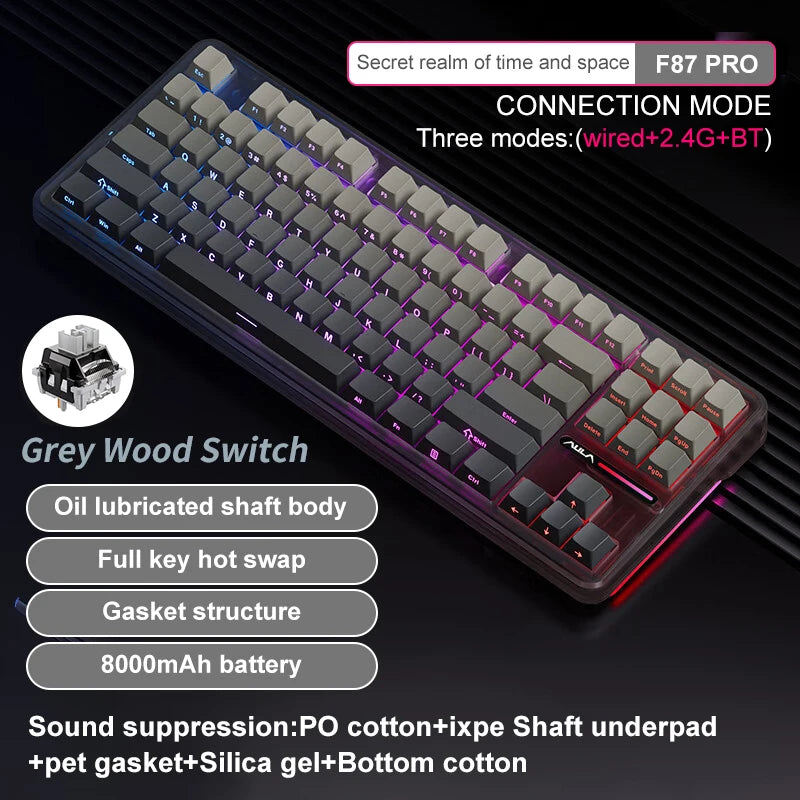 Aula F87 Pro Mechanical Keyboard Wired 2.4g Wireless Bluetooth Tri Mode 8000mAh 87Key Hotswap Rgb Pbt Customized Gaming Keyboard