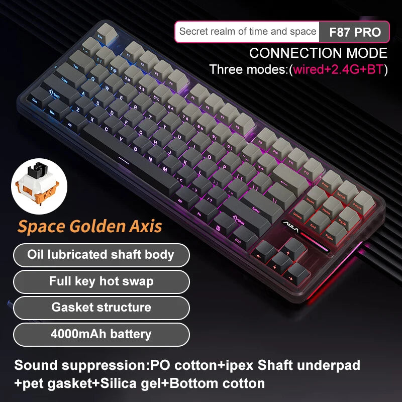 Aula F87 Pro Mechanical Keyboard Wired 2.4g Wireless Bluetooth Tri Mode 8000mAh 87Key Hotswap Rgb Pbt Customized Gaming Keyboard